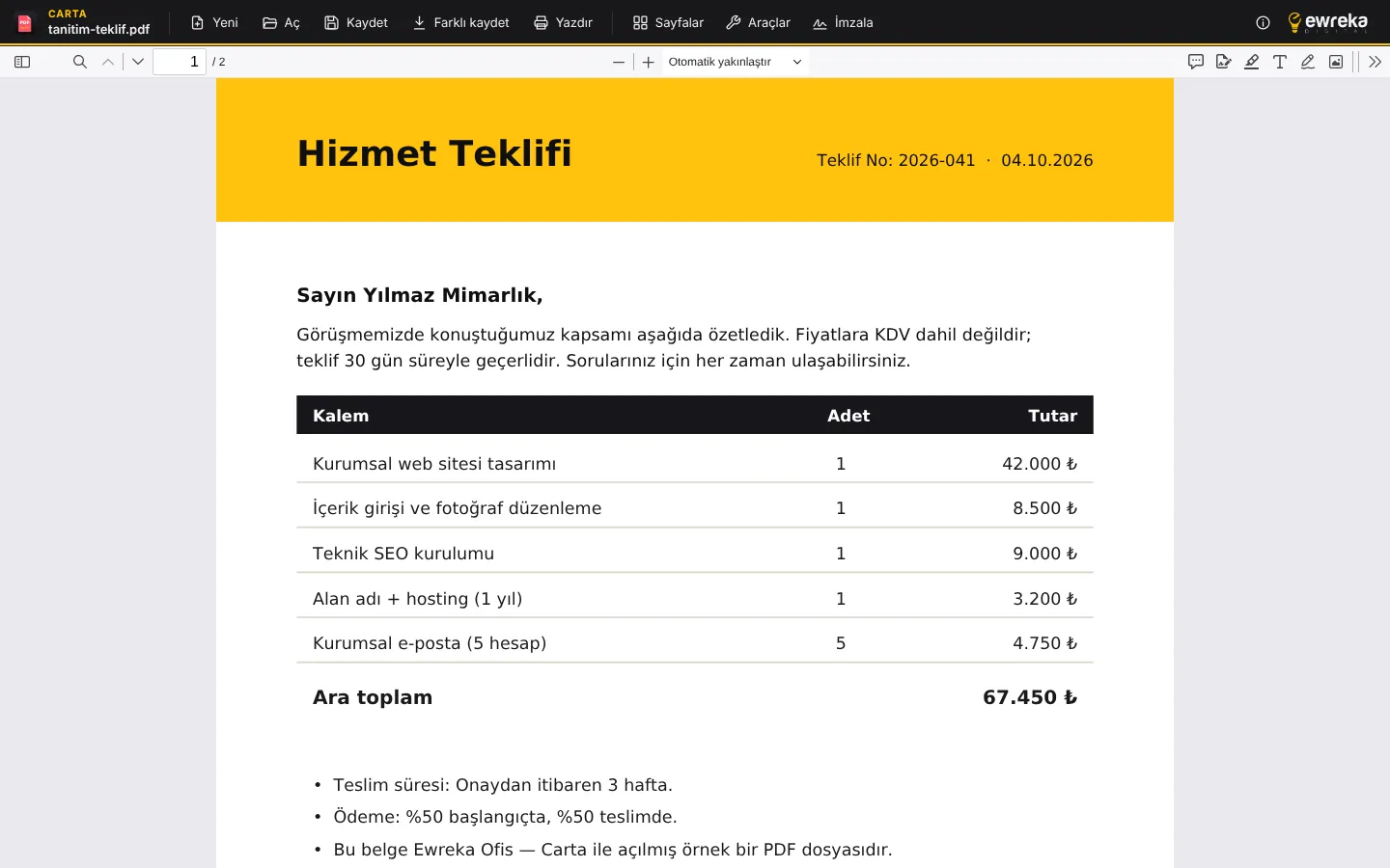 Ewreka Carta ile açılmış bir PDF teklif belgesi: Sayfalar, Araçlar ve İmzala menüleri