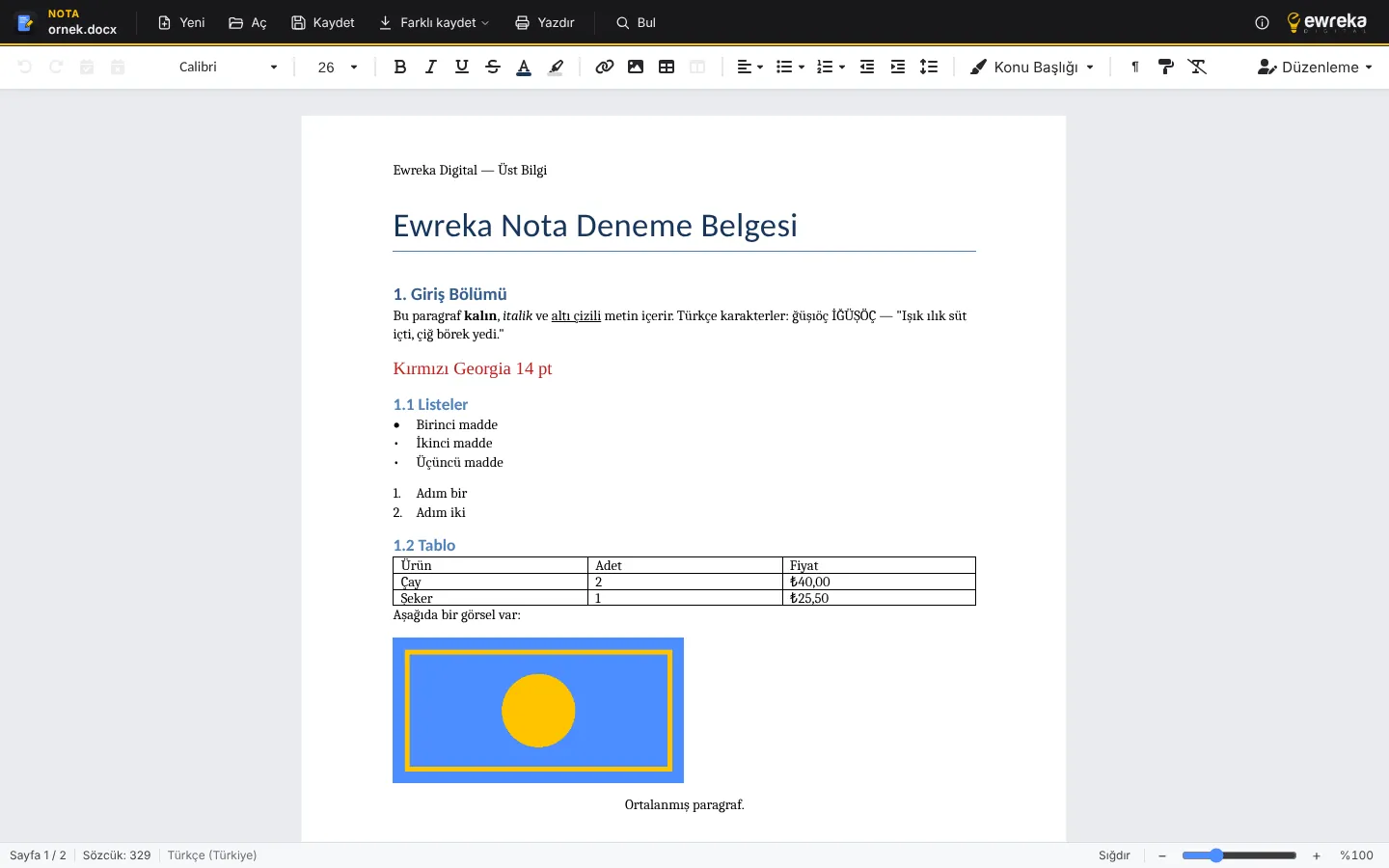 Ewreka Nota ile Türkçe bir Word (.docx) belgesinin düzenlenmesi: araç çubuğu, başlıklar, liste ve tablo