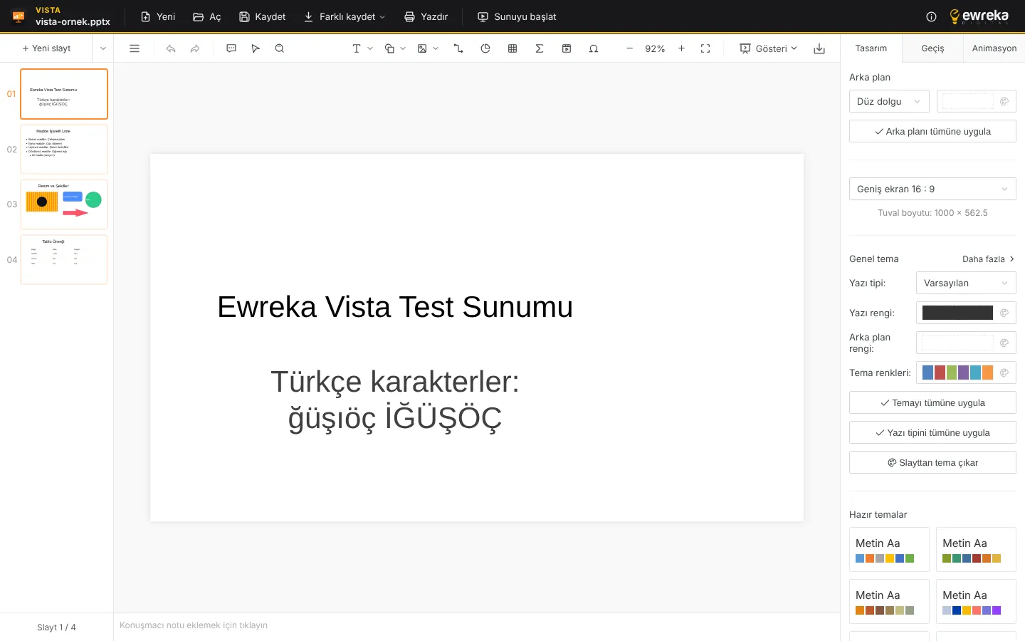 Ewreka Vista ile açılmış bir PowerPoint (.pptx) sunusu: slayt listesi, tasarım paneli ve hazır temalar
