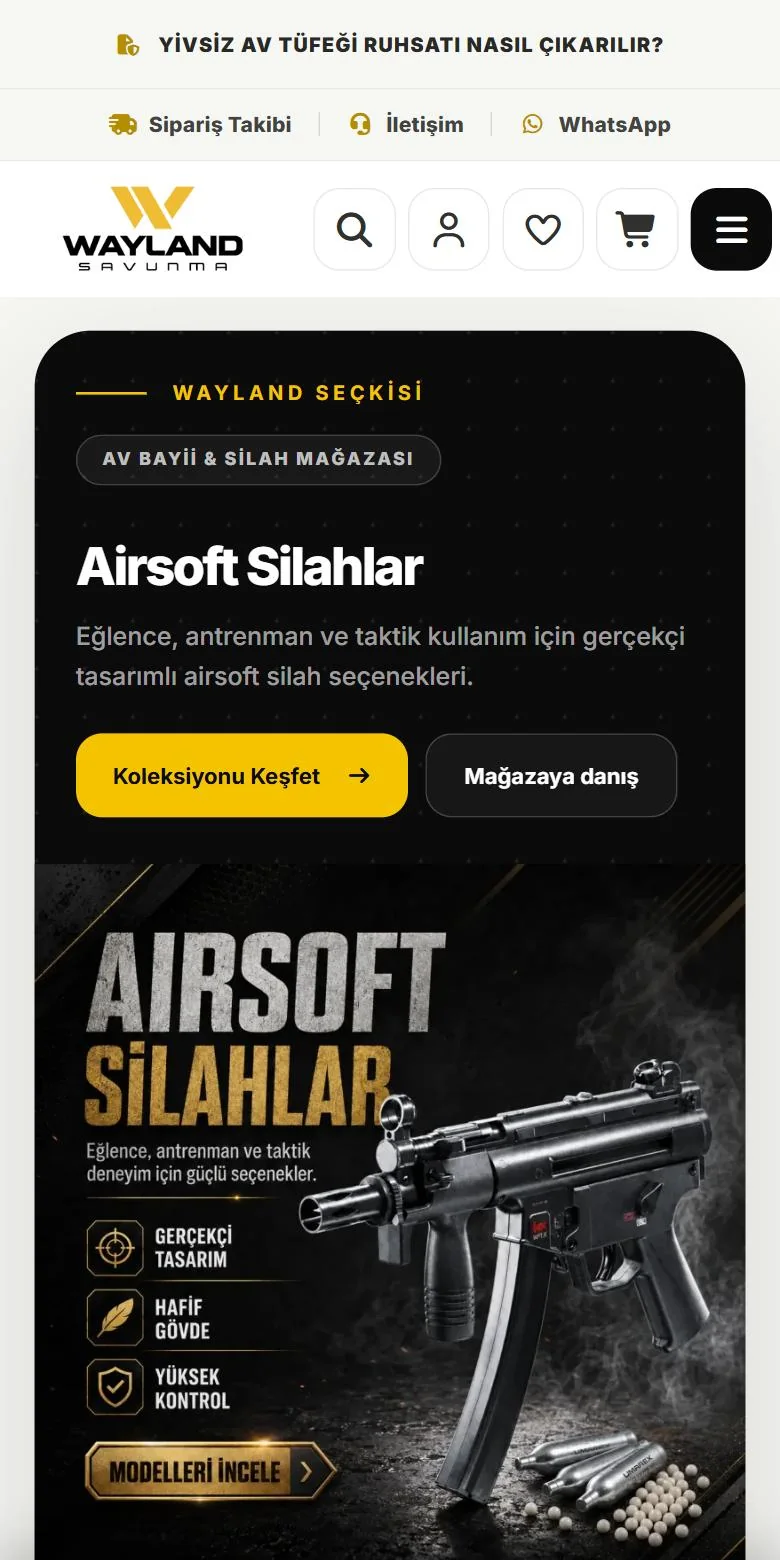Wayland Savunma e-ticaret sitesinin mobil görünümü — Ewreka Digital projesi
