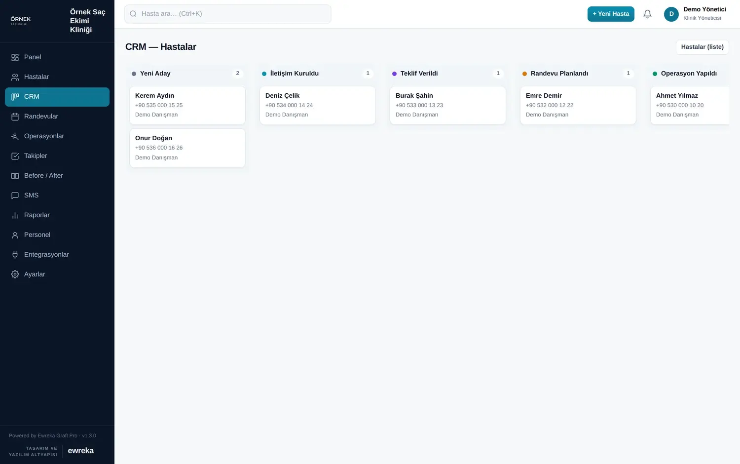 Hasta CRM: kanban görünümlü aday-hasta takibi