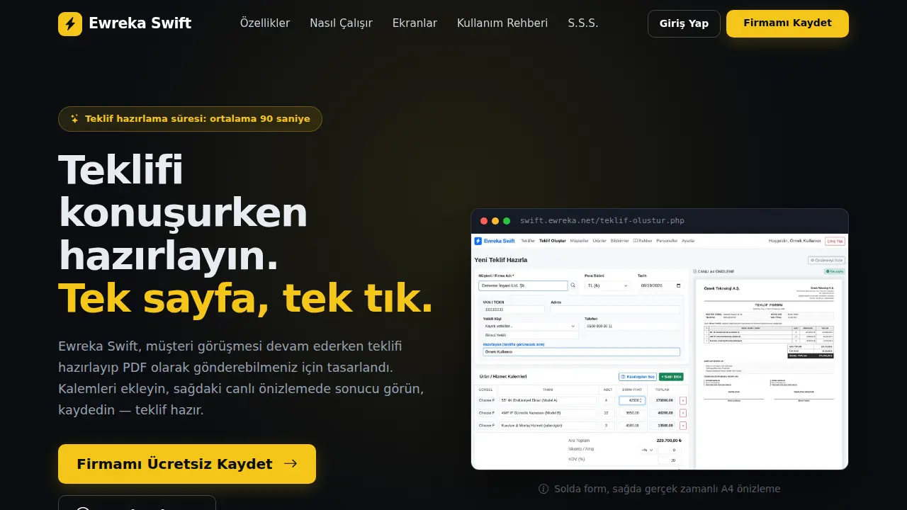 Ewreka Swift — gerçek ekran görüntüsü