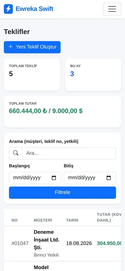 Telefondan teklif hazırlama ve takip