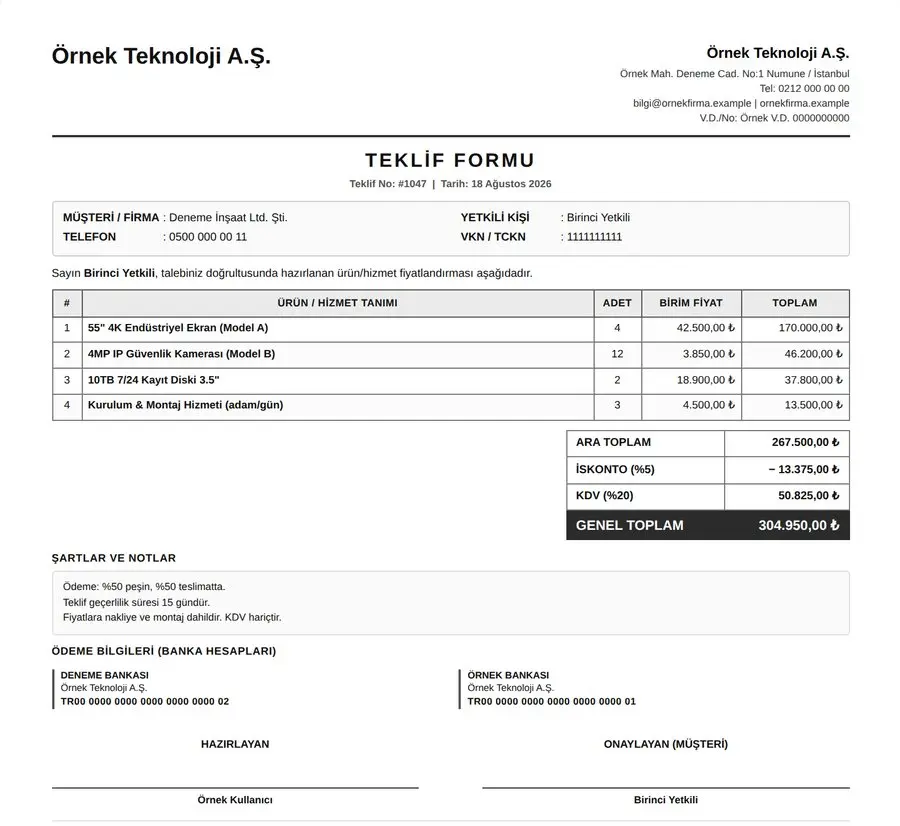 Tek sayfaya sığan kurumsal PDF teklif çıktısı