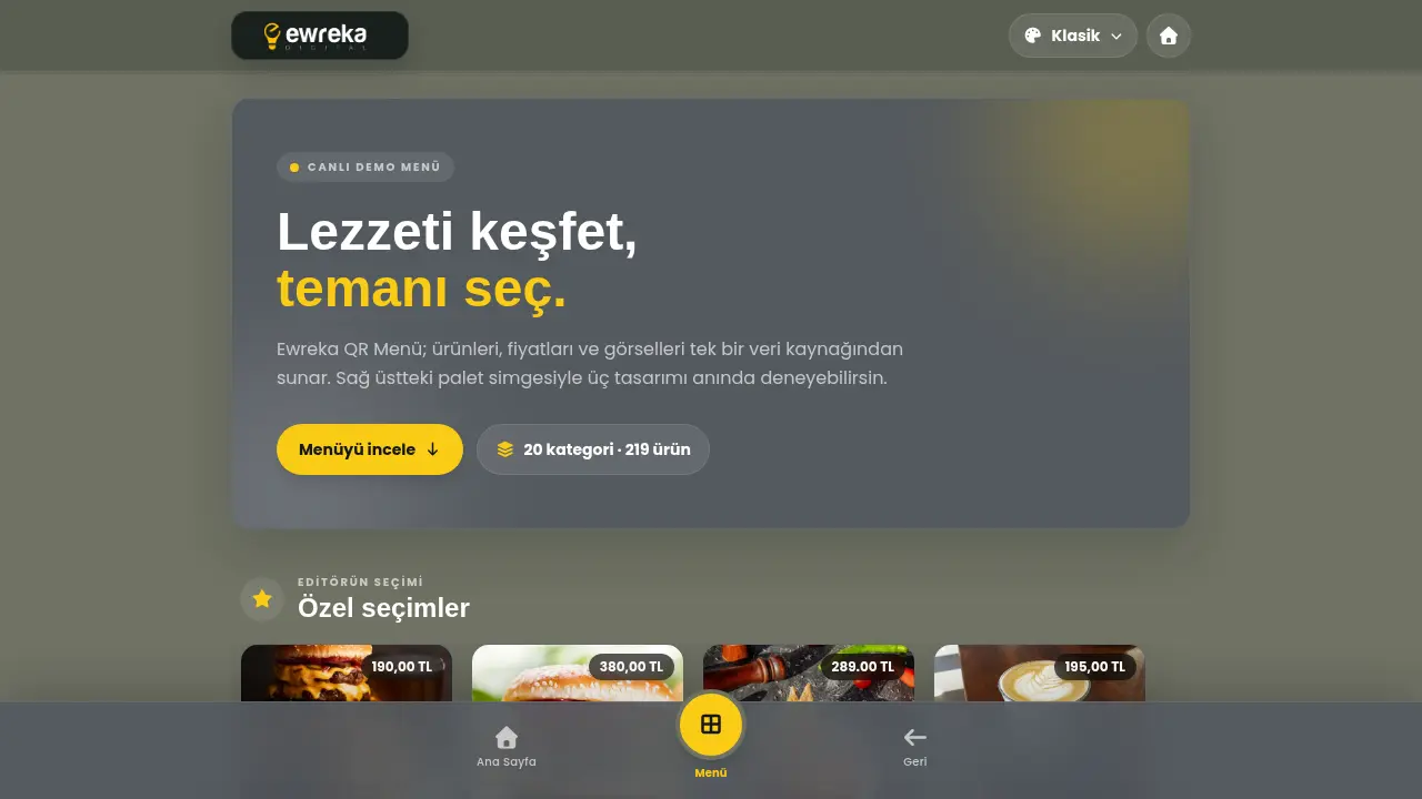 Ewreka QR Menü — gerçek ekran görüntüsü